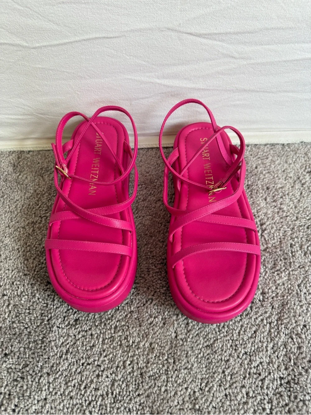 Stuart Weitzman Hot Pink Strappy Platform Sandals gold metal buckles